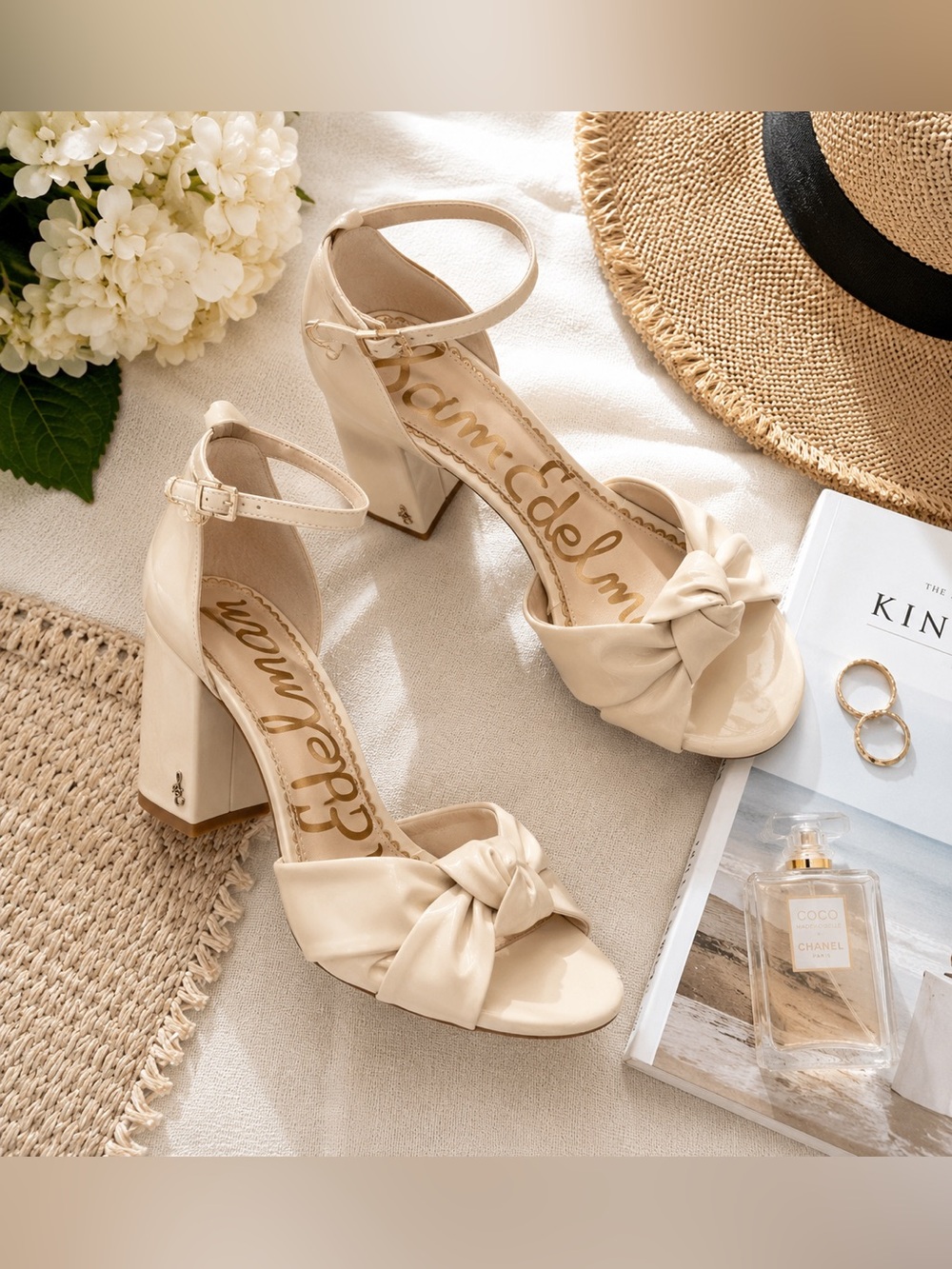 Sam Edelman Ivory Patent Bow Block Heel Sandals Size 7 Wedding Bridal